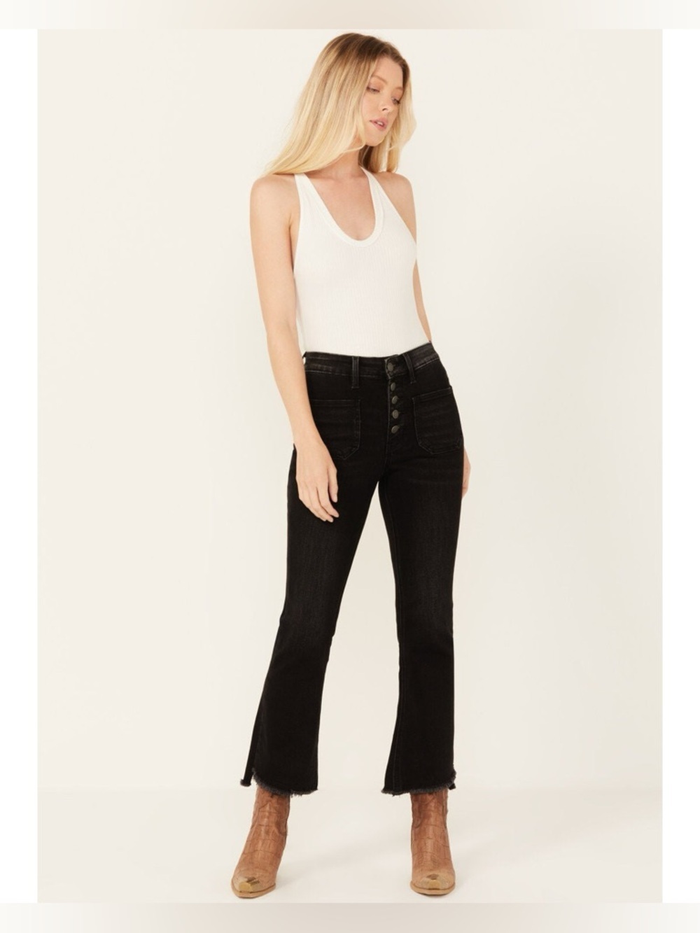 Flying Monkey Patch Pocket Cropped Kick Flare High Rise Jeans In Black Size 26